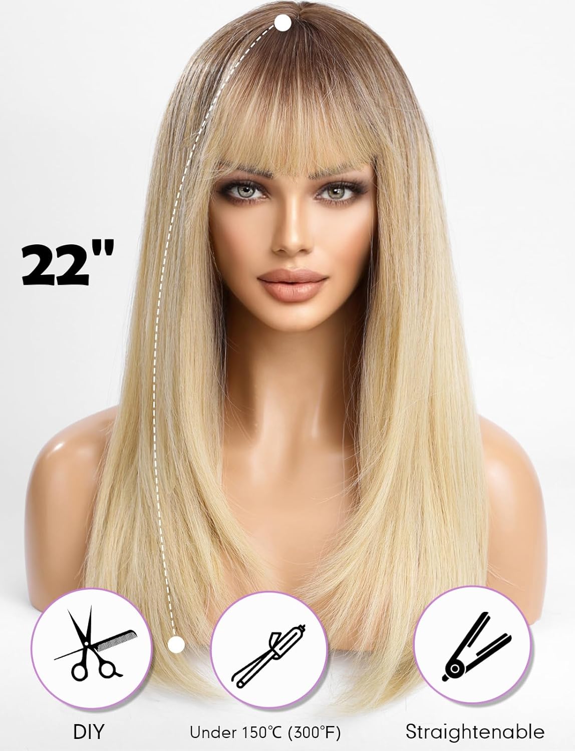 HAIRCUBE Long Layered Synthetic Hair Wigs for Women with Bang (Blonde with Dark Roots) - Image 2