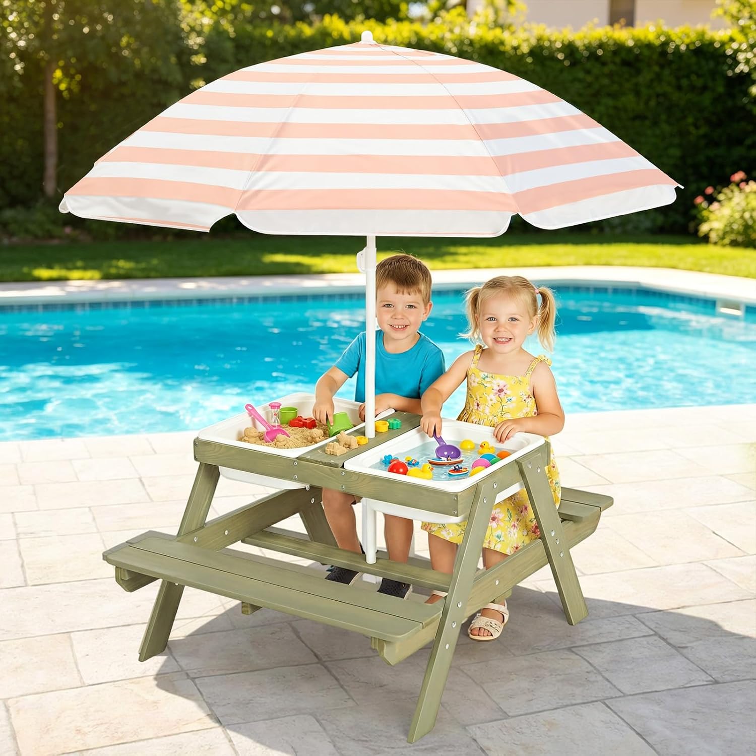 Garvee 4-in-1 Kids Sand & Water Table with Removable Weatherproof Umbrella - Wooden Outdoor Picnic Table with 2 Covered Bins for Toddlers - Sensory Table for Boys & Girls