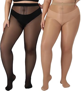 DancMolly Plus Size Tights for Women, 20D Sheer to Waist T Crotch Control Top Pantyhose, Under Dress 2 Pairs