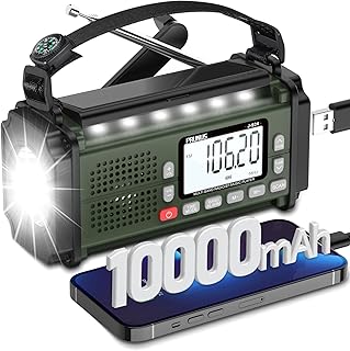 Radio Portable, PRUNUS J-924 Solaire Dynamo 10000mAh, Radio Survie avec Piles et Manivelle, Panneau Solaire, Réveil, Chargeur USB-C, Lampe de Poche et Lecture, Alarme SOS d'urgence