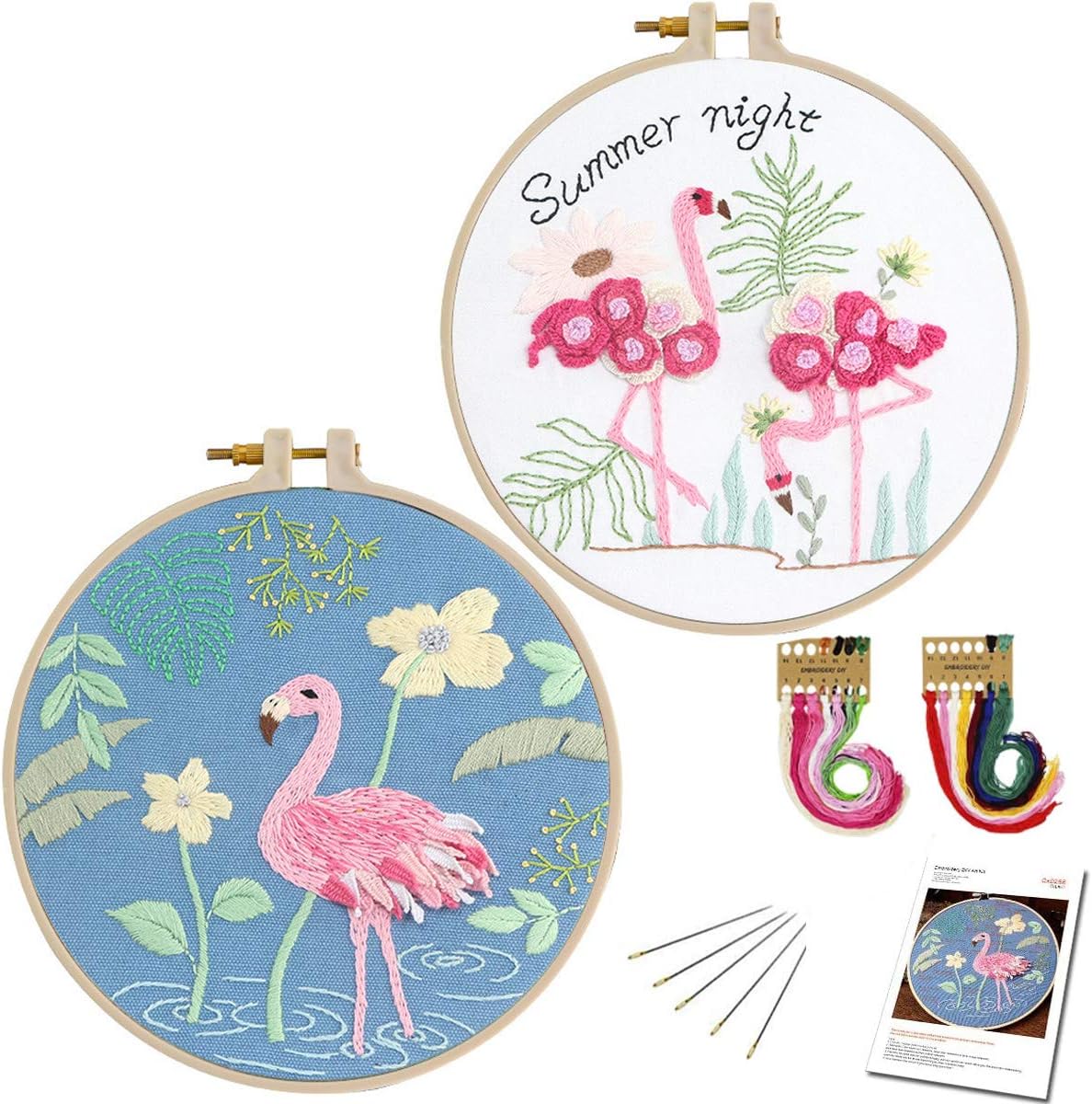 Konrisa 2 Pack Full Range of Embroidery Starter Kit with Flamingo Pattern Floral Stamped Embroidery Kit for Beginners Adults Cross Stitch Kit with Embroidery Hoops, Cloth,Needle,Color Thread Tools Kit
