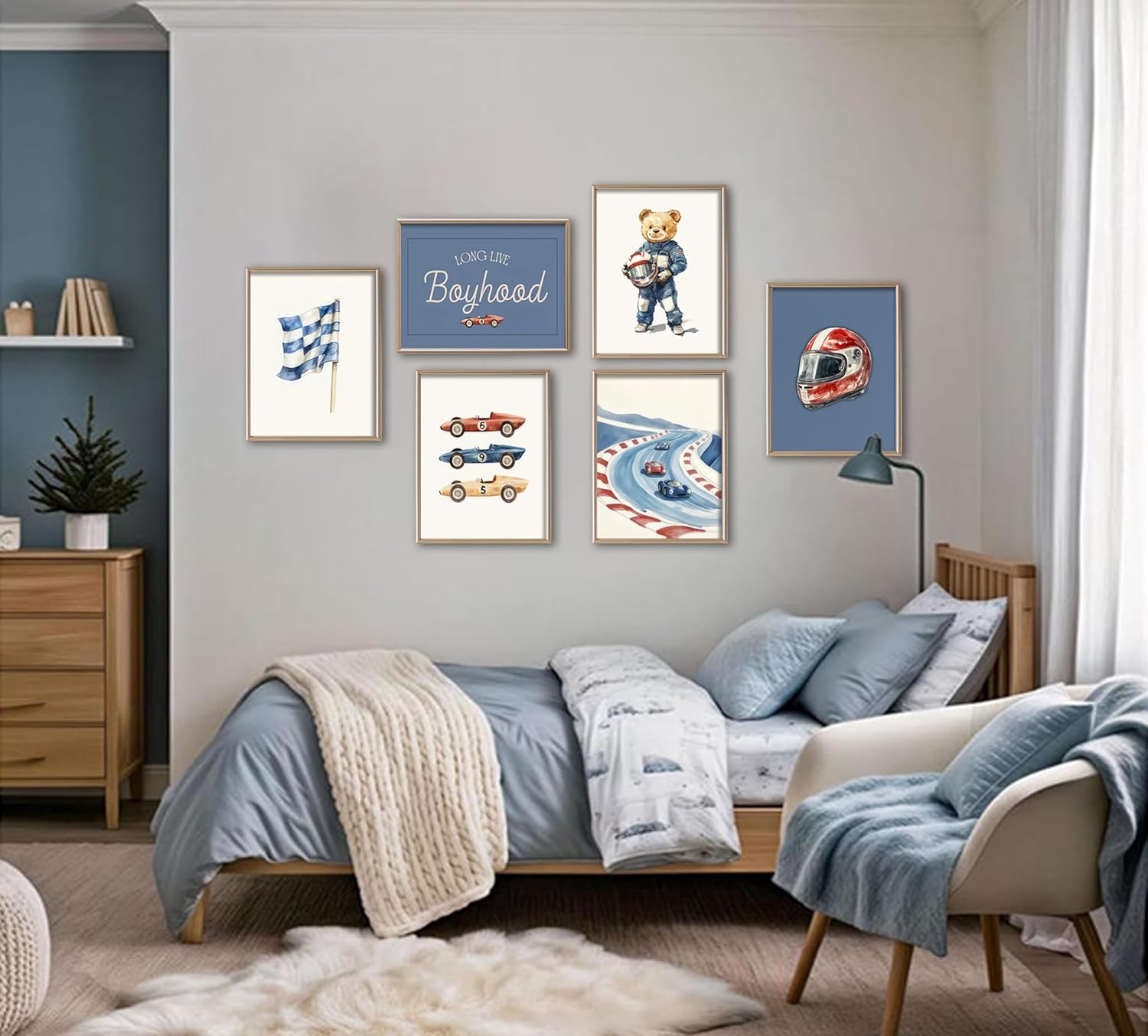 Set of 6 Nursery Race Car Wall Art Vintage Boys Room Wall Decor Navy Blue Vehicle Pictures Teddy Bear Poster Prints Racing Car Art for Boys Bedroom Playroom Home Decoration 12x16Inch Unframed