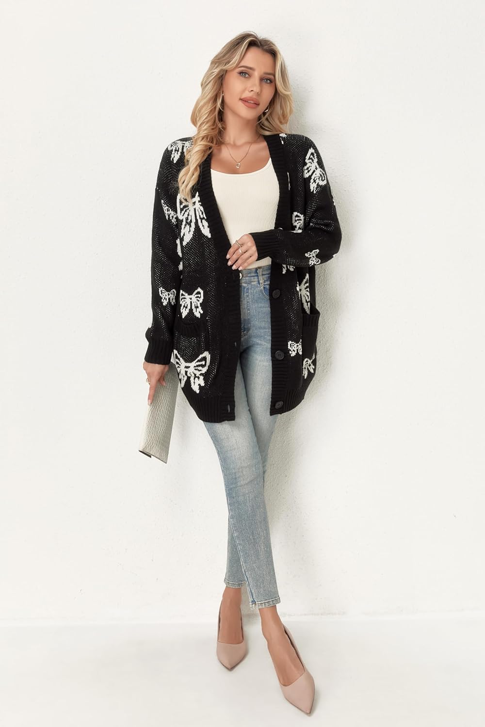 Women's Button Down Open Front Cardigan Knit Sweaters with Pockets Star Bow Print - Image 5