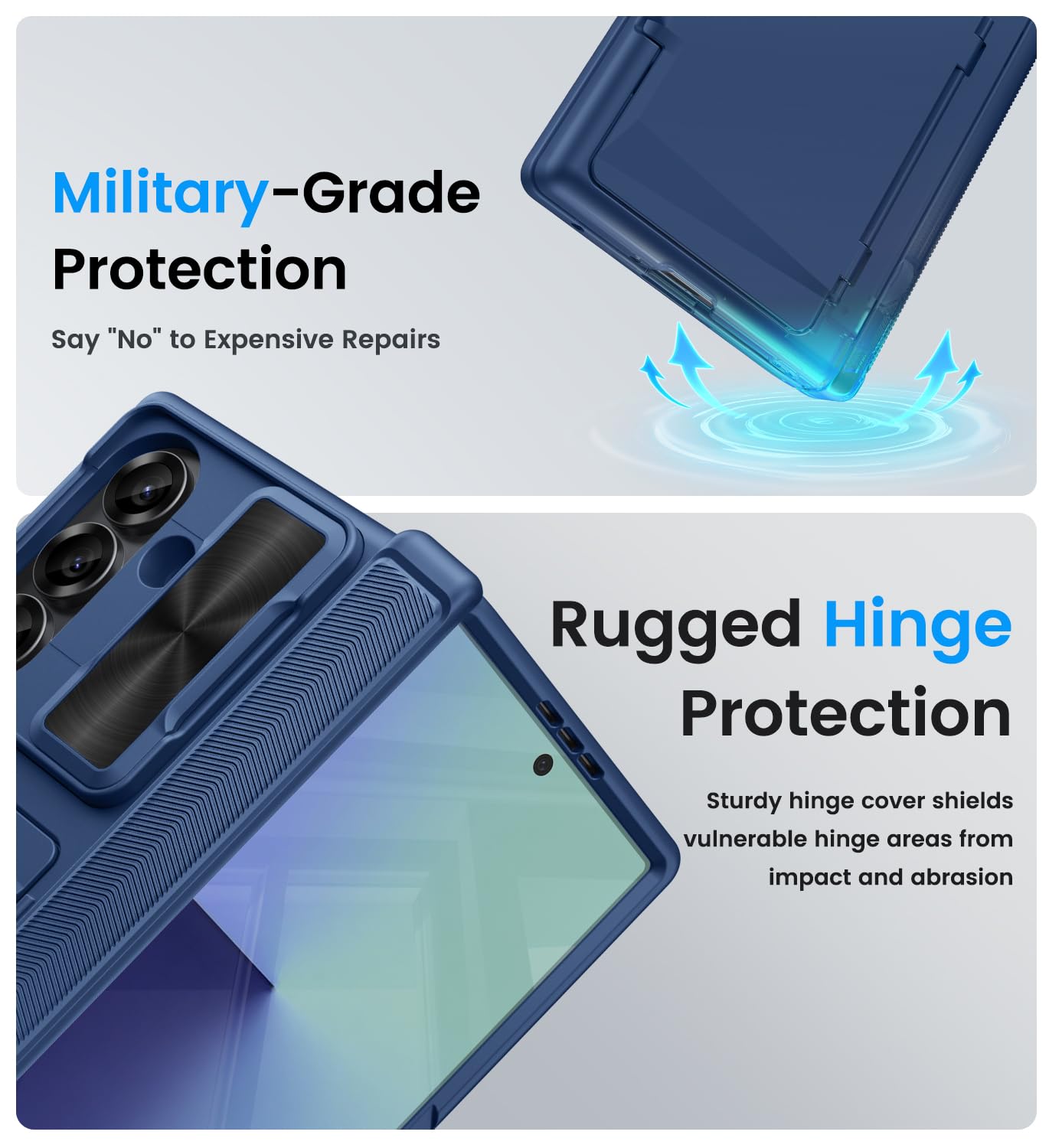 Vihibii Etui do Samsung Galaxy Z Fold 7 z uchwytem na karty, ochrona zawiasu, ochrona ekranu, przesuwna kamera, twarda obudowa telefonu odporna na wstrząsy do Samsung Z Fold 7 2025, niebieskie