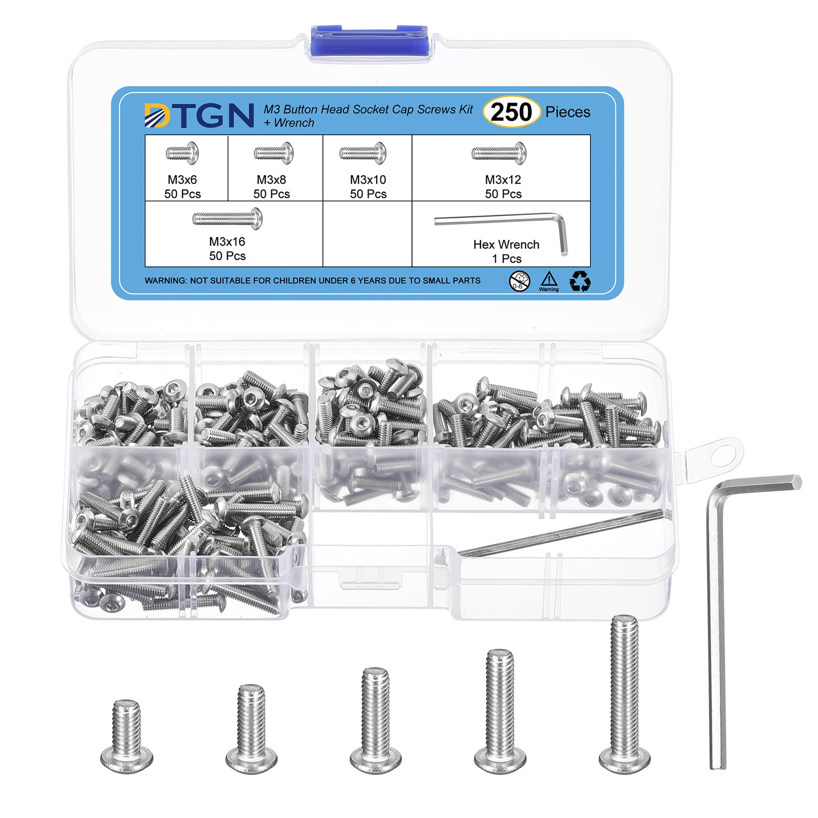 DTGN 250Pack M3(D) Button Head Socket Cap Screws Kit