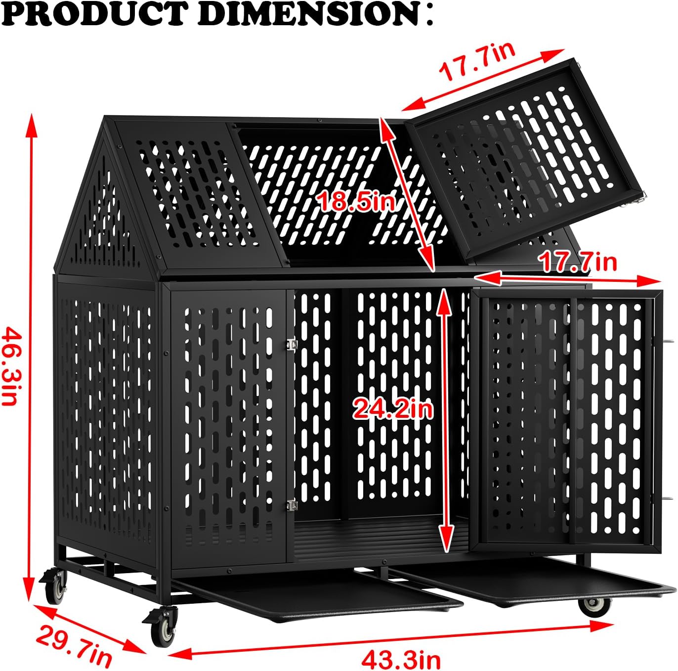 44'' Heavy Duty Indestructible Dog Crate for Large Dogs, Escape Proof High Anxiety Kennel with Wheels and Trays, Chew-Proof Indoor Cage with Open Roof Top