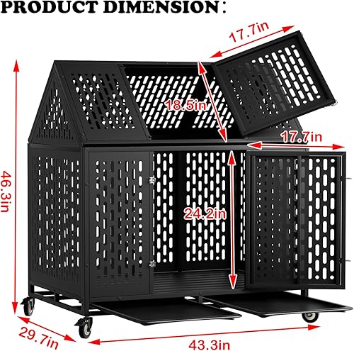Miniatura 6 de Jaula para perros resistente de 44 pulgadas con pestillo resistente, perrera de acero grande indestructible con diseño de techo puntiagudo, jaula