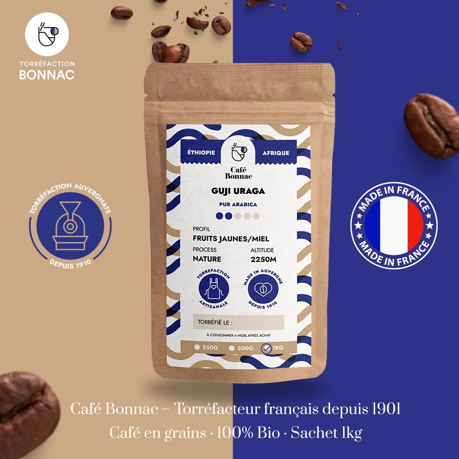 Café Bonnac – Café En Grain Éthiopie Guji Uraga 1kg | 100% Arabica Lavé | Notes Florales, Agrumes Et Thé Noir | Grand Cru D’altitude | Torréfaction Artisanale | Idéal Machine À Café Grain