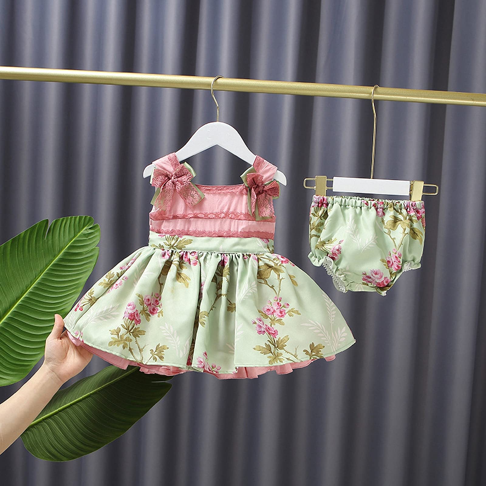 Mädchenkleid + Slip, zweiteiliges Set, ärmelloser westerock mit Baby-Print, Schleife, sommerlicher süßer und süßer Tutu-Rock in A-Linie