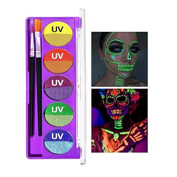 Silvercell Face and Body Paint Makeup Set UV Neon, Black Light Glow Water Activated Eyeliner in the Dark , 5 Bright Colors Fluorescent Painting Palette for Halloween Christmas Music Party #01