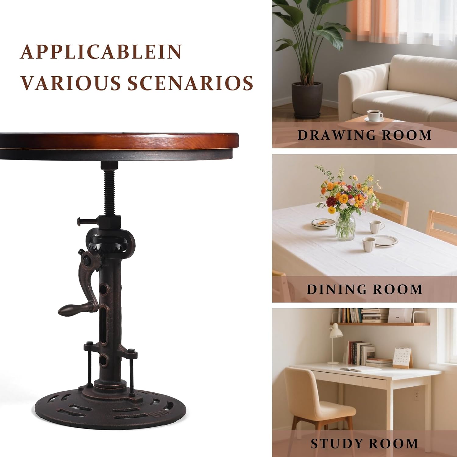 LOKKHAN Vintage Industrial Adjustable Height Crank Table for Home or Café- Round Iron Bistro/Dining/Desk with Mechanical Inspired Hand- Rustic Antique Style, Wooden Desktop