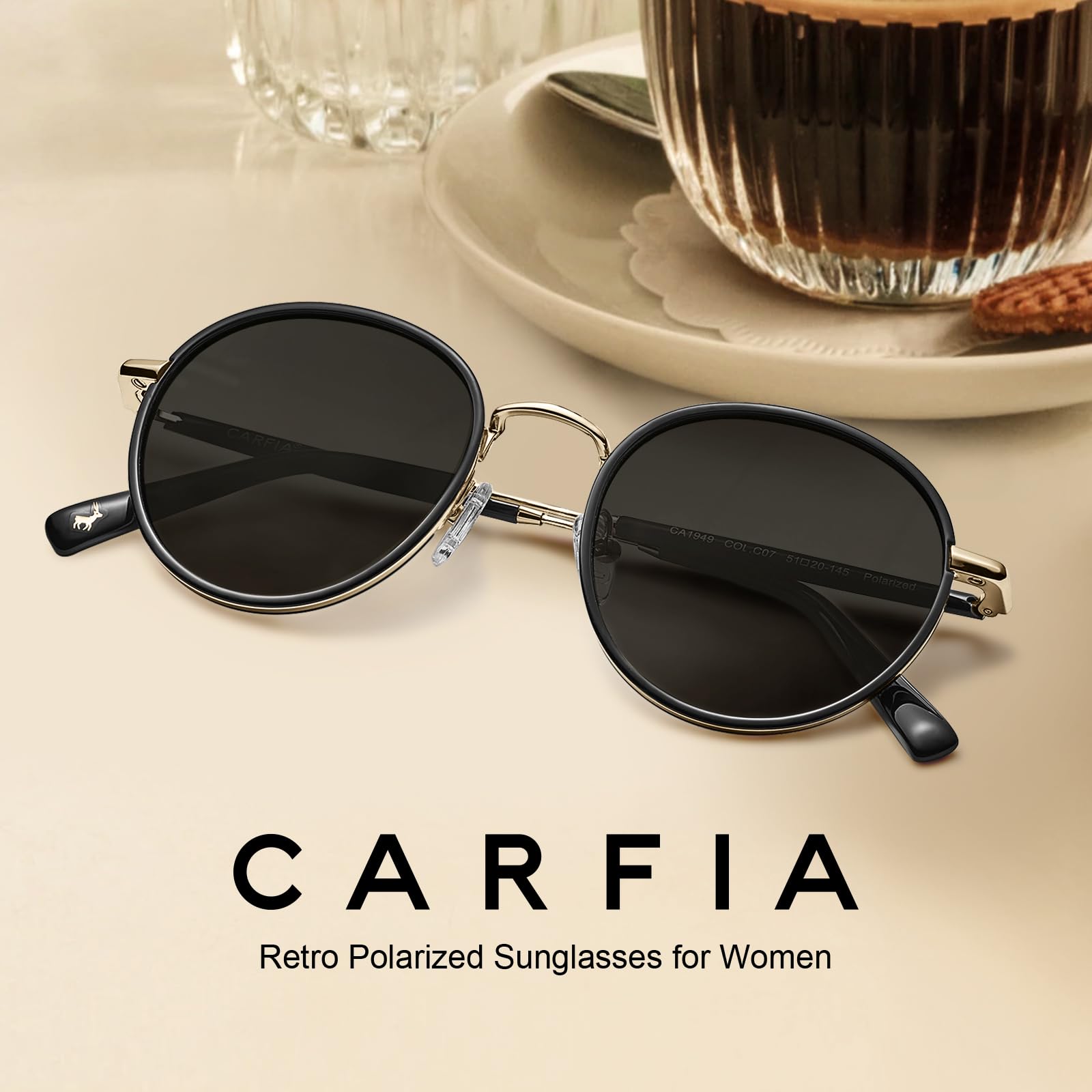 CARFIA Vintage okrągłe okulary przeciwsłoneczne z polaryzacją dla kobiet, ochrona przed promieniowaniem UV do jazdy na świeżym powietrzu, E-żółw ramki