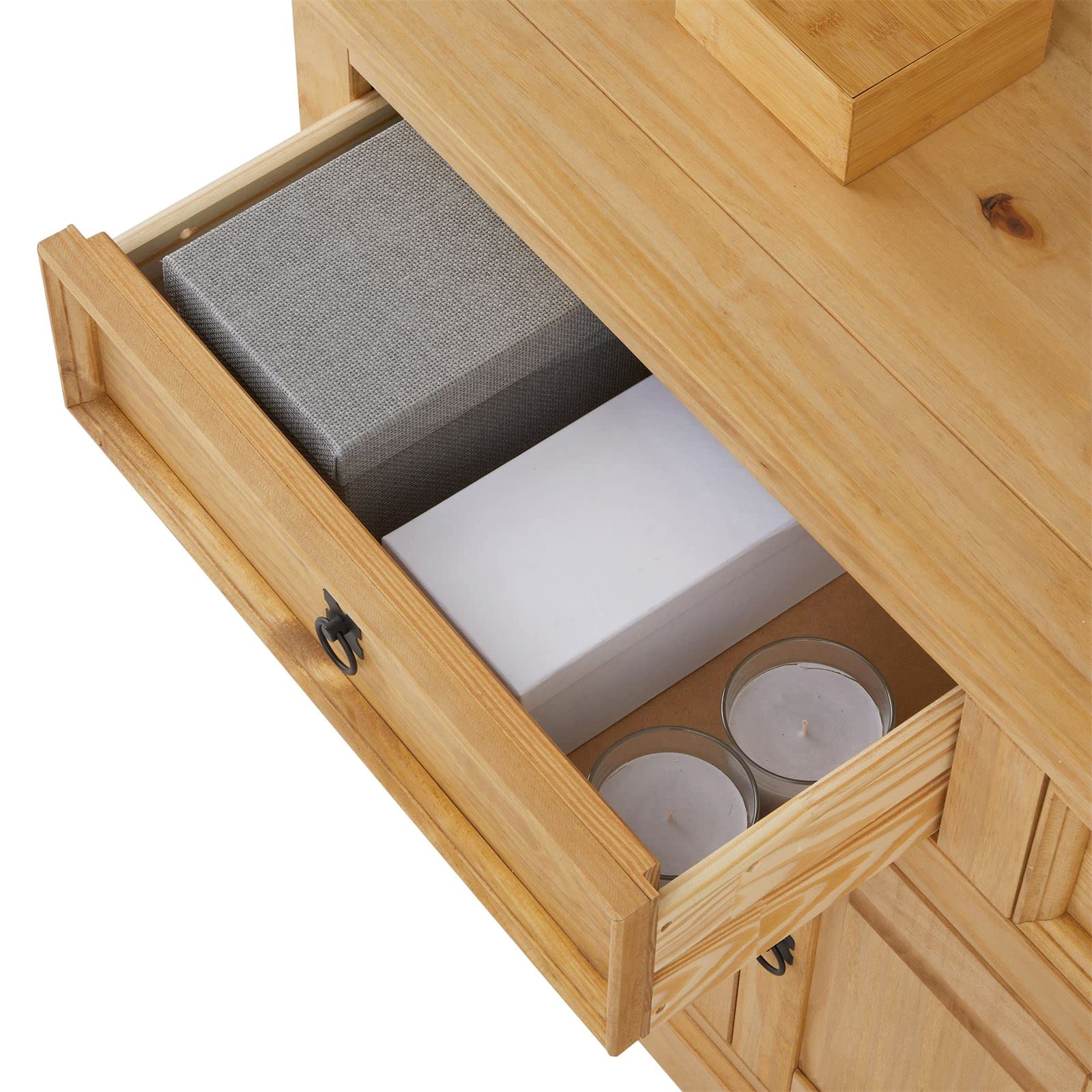 IDIMEX Buffet Salle à Manger Tequila en Bois L 154 cm avec 3 Portes battantes et 3 tiroirs spacieux, Style Mexicain, Meuble de Rangement, Structure Robuste et Finition élégante, Coloris teinté ciré