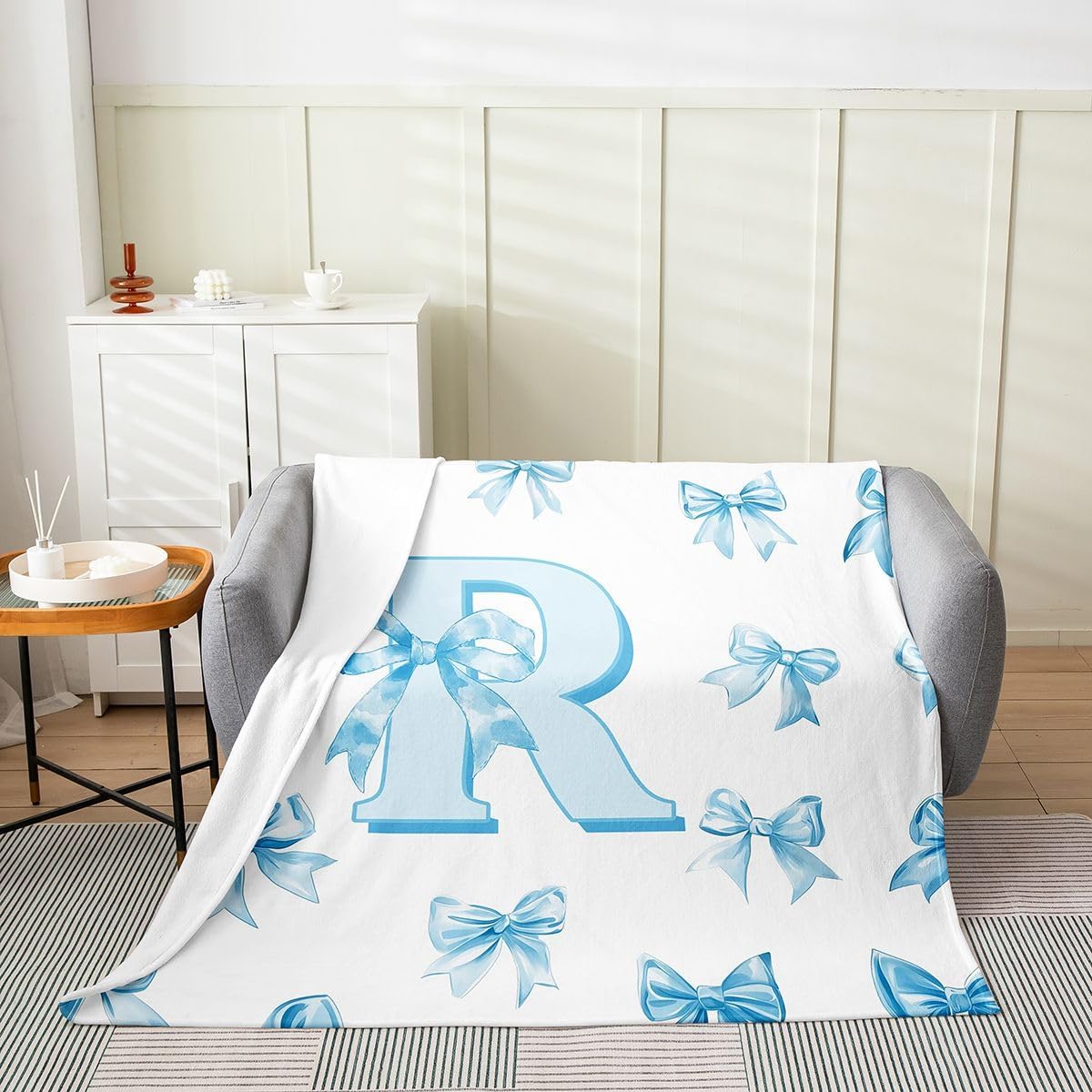 Erosebridal Cartoon Letter Bow Flannel Blanket Blue Initial Letter R Fuzzy Plush Throw Cute Kawaii Bowknot Fleece Blanket for Kids Girls Teen,Chic Bow Monogram R Decor for Bed Couch Queen 90"x90"