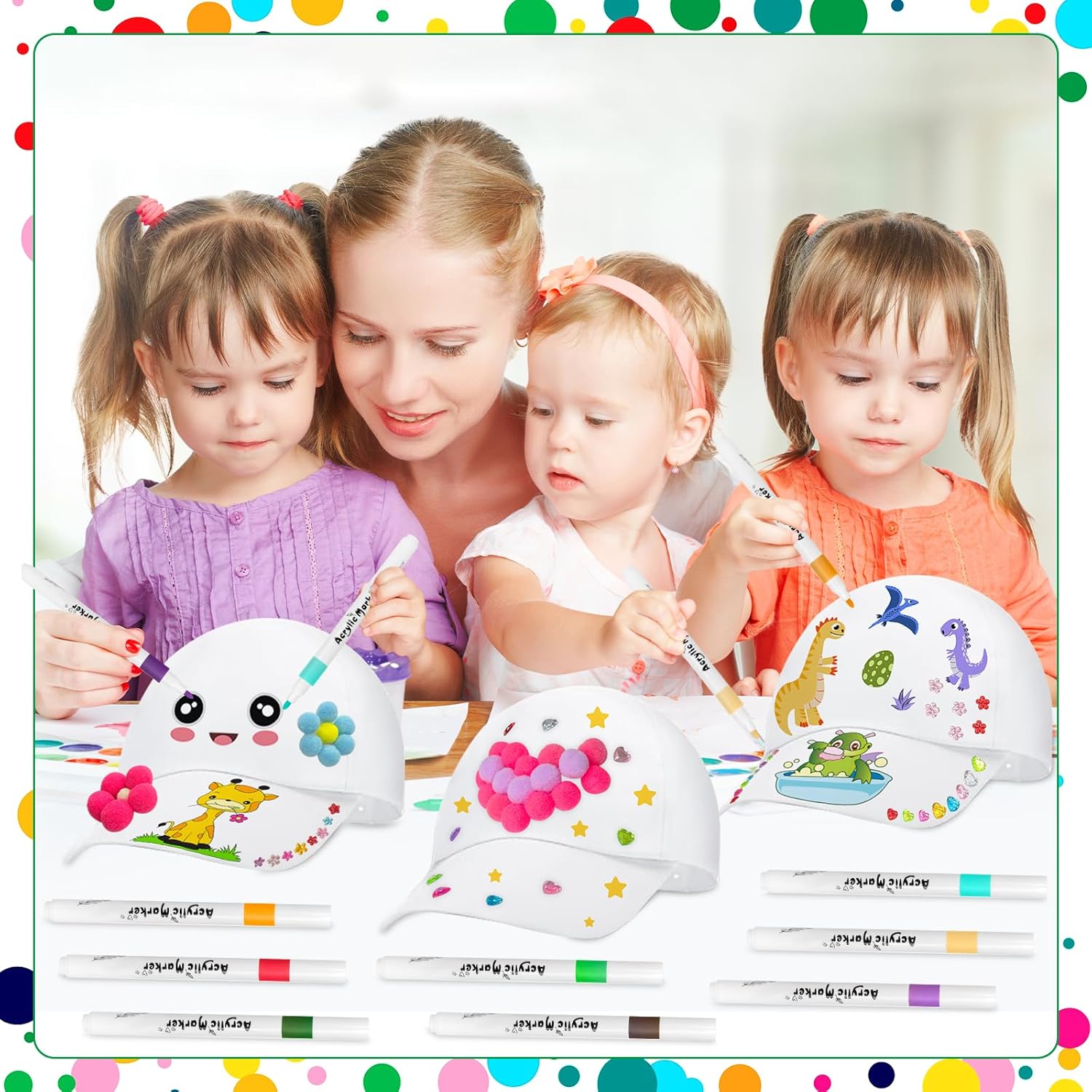 24 Sets DIY Baseball Caps Bulk Blank Baseball Caps Include 24 White Painting Hats 24 Color Pens 140 Multicolored Pompoms 8 Sheets Stickers for Camp Birthday Party Painting Activity (White)