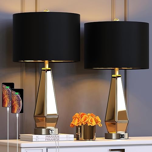 Miniatura 3 de Hamucd Juego de 2 lámparas de mesita de noche de cristal con espejo con 2 puertos USB para dormitorios, modernas lámparas de mesita de noche