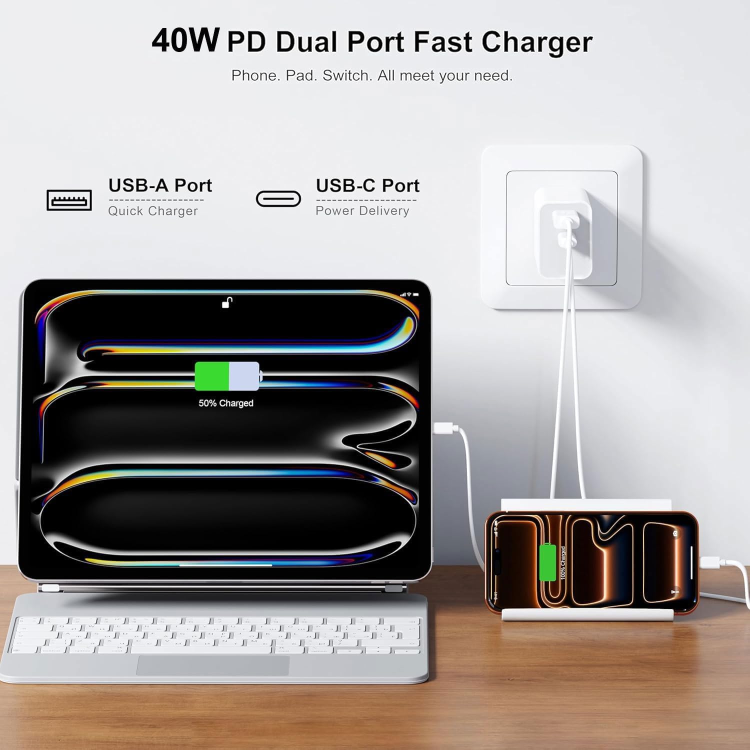 40W Fast Charging kit, 2 Pack wall Charger with USB-C and USB-A Ports and 6-Foot Type-C to Type-C Data Cable, Suitable for iPhone 17/17 Pro/17 Pro Max/Air/16/16 Pro Max/15/15 Plus and iPad Pro/Air.