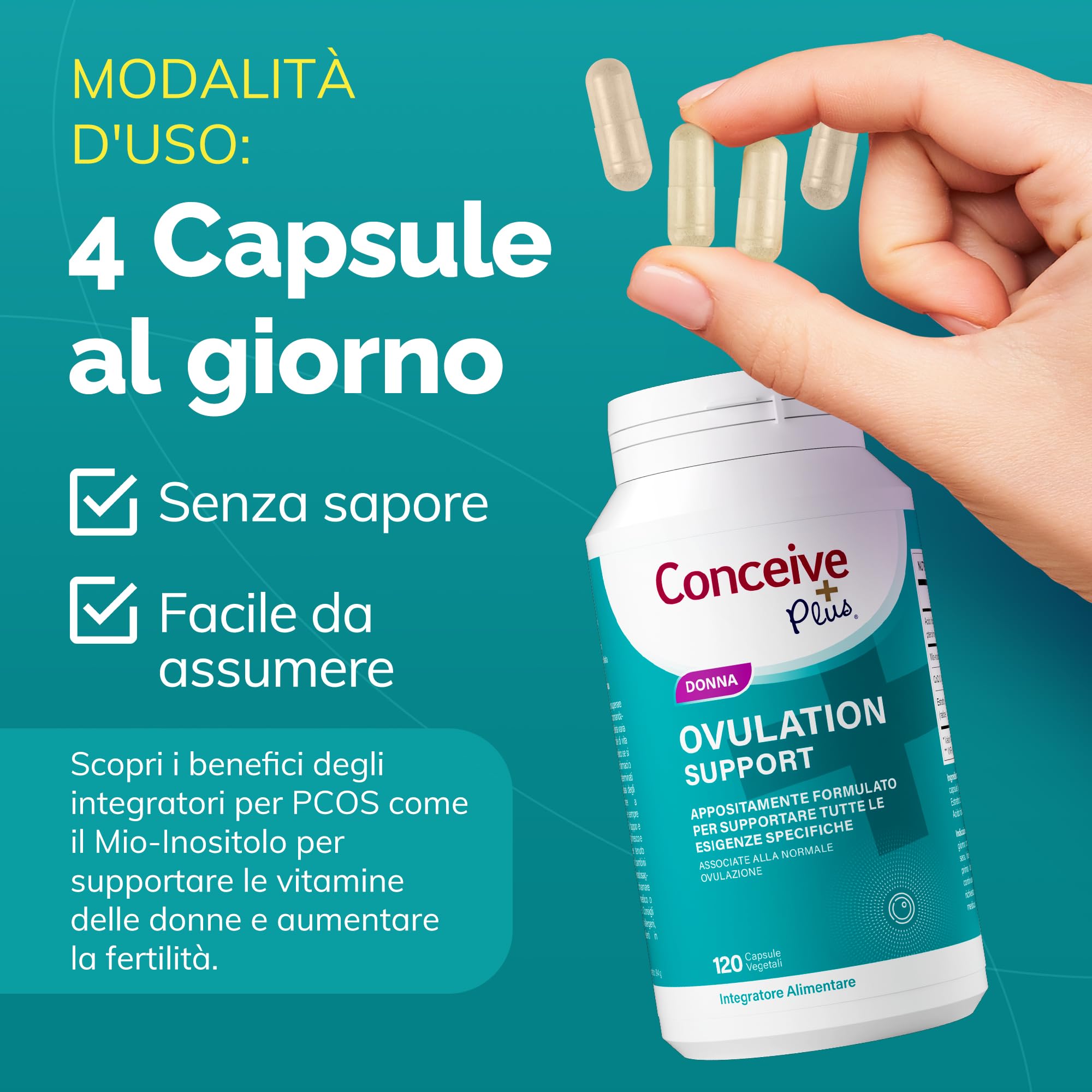 Conceive Plus Ovulation Support, Supporto per policistico e Ovulazione, Myo-Inositolo e D-Chiro-Inositolo, 120 capsule