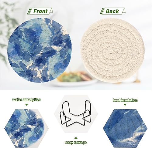 Miniatura 4 de Coasters Absorbent Set with Holder 6 Pack Coasters for Drinks Home Coasters Porta Vasos para Mesas Blue Tie Dyed
