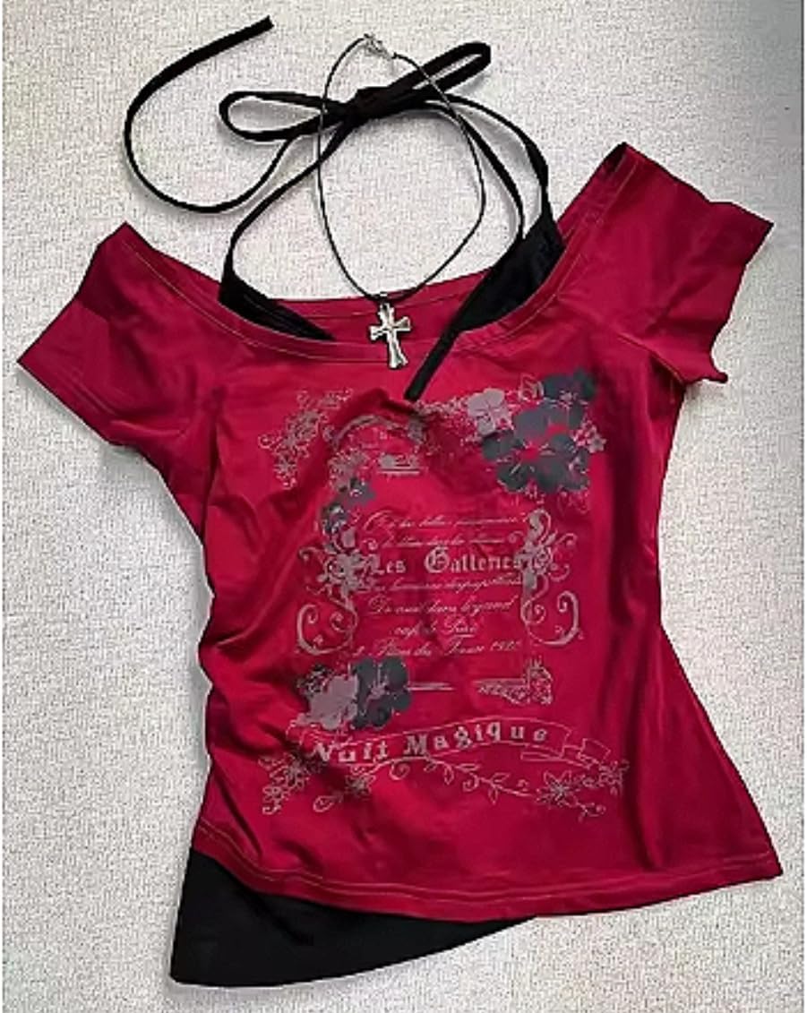 Baby Tee Y2k Women Grunge Top Emo 2000s Vintage Fake Two Piece Short Sleeve T Shirt Crop Tops Teens - Image 3