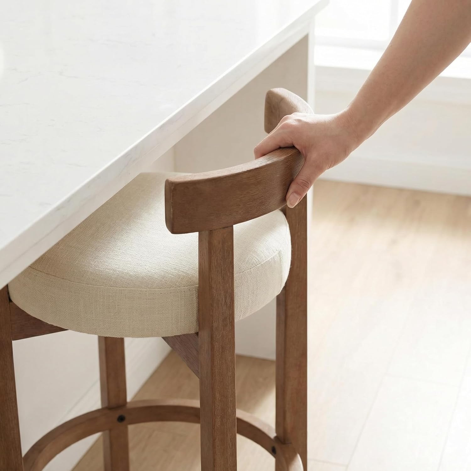 HNY Modern Linen Counter Stools Set of 3, Upholstered 26.5" Counter Height Barstools with Natural Wood Legs Mid Century Round Kitchen Stools with Low Back Footrest for Dining Room Cafe, Beige