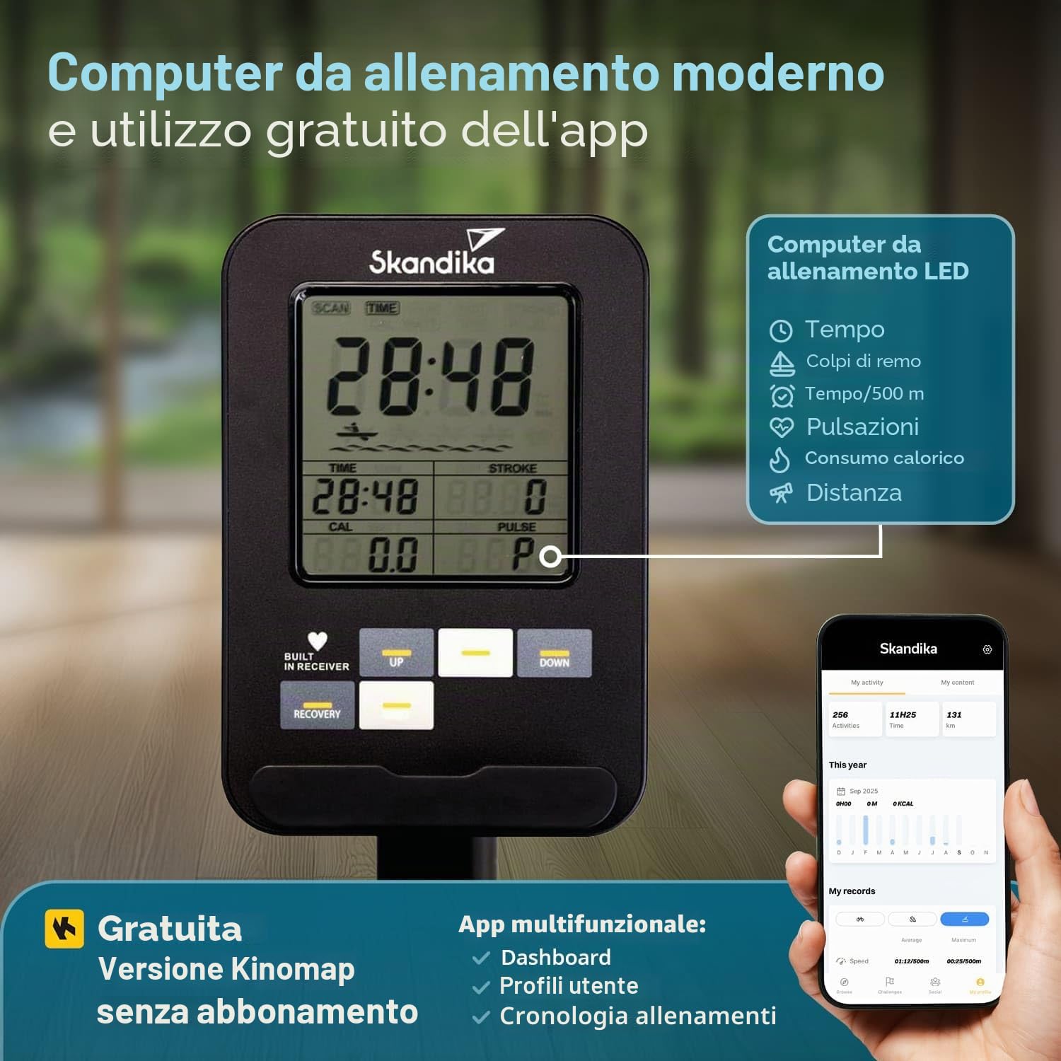 Skandika Vogatore ad acqua Lykke: serbatoio a 90°, vogatore in legno massiccio di faggio per la casa, compatibile con l'app Kinomap