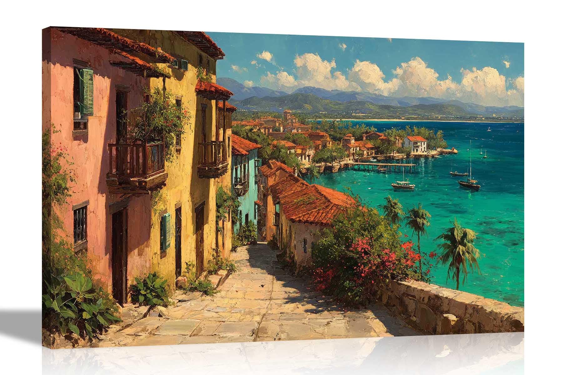 Artley Prints Caribbean Coastal Town - Caribbean Coast Town Ocean View Canvas Prints Landscape Wall Art Pictures For Living Room Décor Ready To Hang 40 X 30Cm (16 X 12 Inches) A3