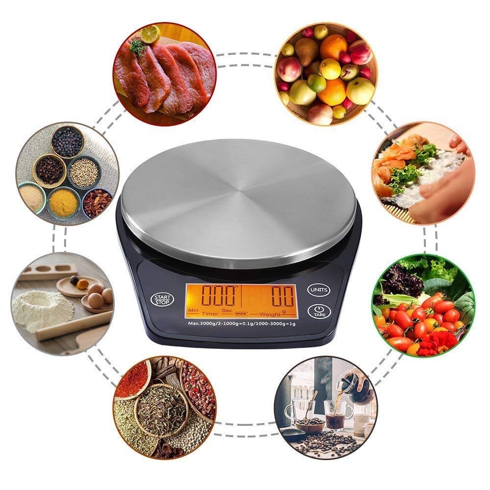 Báscula electrónica digital de acero inoxidable para cocina con funciones de temporización, báscula multifunción de alta precisión de 0,1 g para hornear en la cocina, 3 unidad(Un color - 3 kg/0,1 g)
