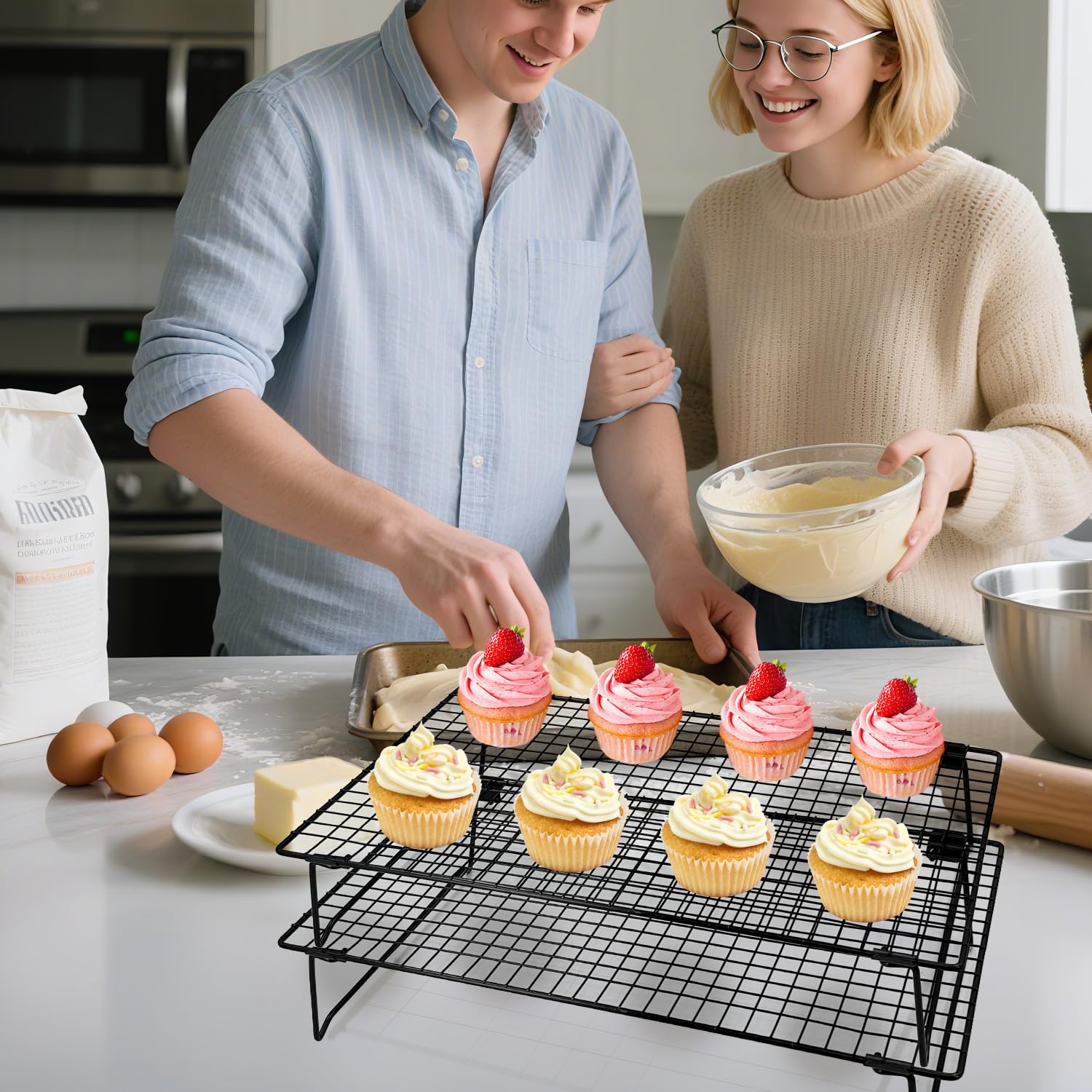 2-Pack 43x28cm Cooling Rack with Collapsible Legs & Stainless Steel Food Tongs - Folding Cooking Baking Grilling Rack for Oven, Drying, Roasting (Black) 6