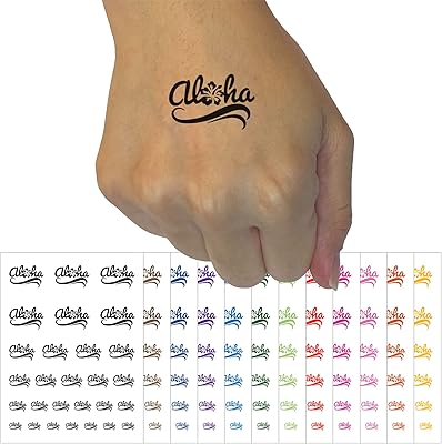 Aloha with Hibiscus Flower Hawaii Temporary Tattoo Water Resistant Fake Body Art Set Collection - Light Pink (One Sheet)