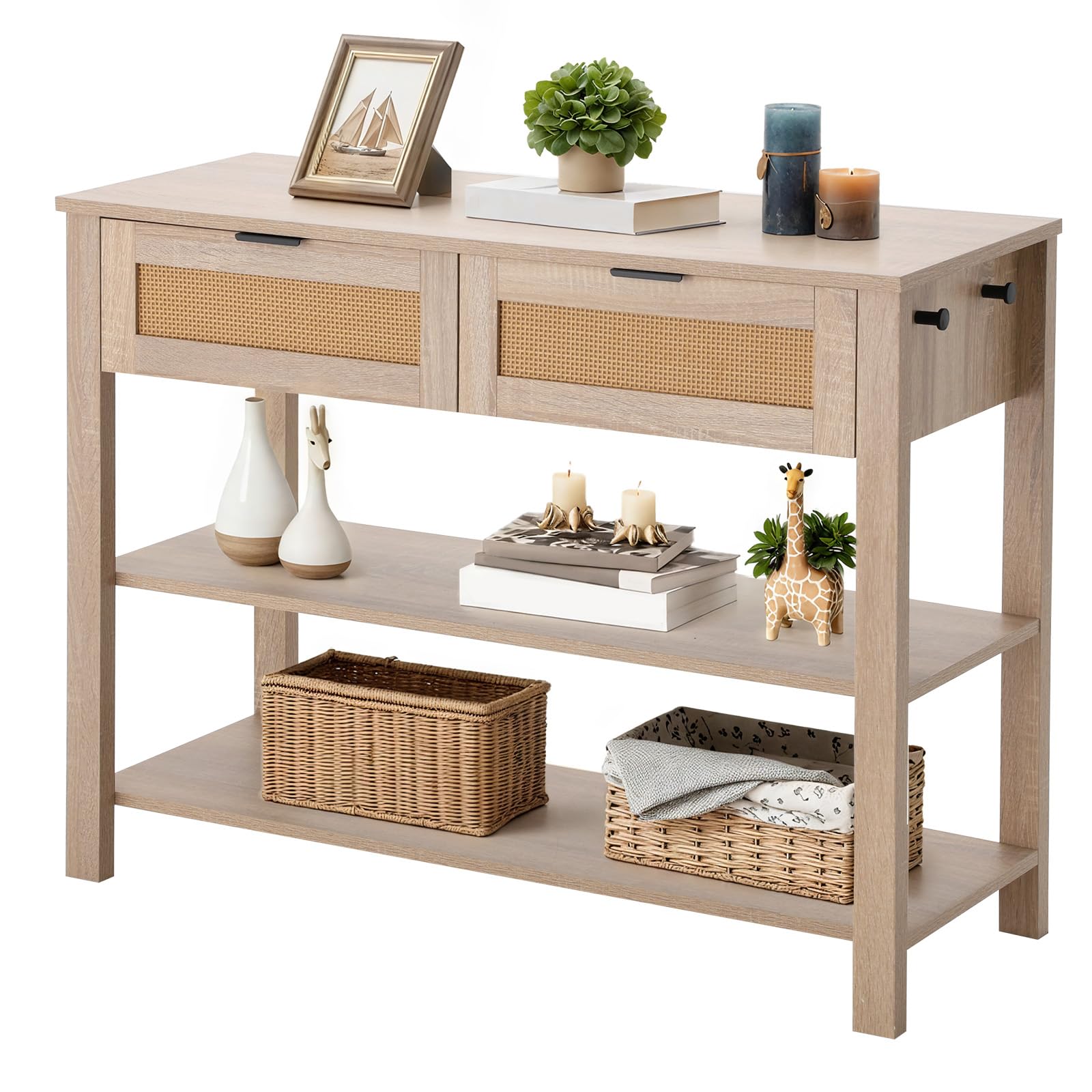 Console Table with 2 Rattan Drawers, Boho Rattan Entryway Table with Storage Small Console Tables for Entryway, Entry Tables for Hallway