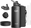Insulated Water Bottle, INSPI 87oz Gallon Water Jug with Straw & Spout & Handle Lids, Carrying Pouch and Silicone Boot, Wide Mouth Water Flask, Cold Hot Sports Large Thermo Water Bottles, Black