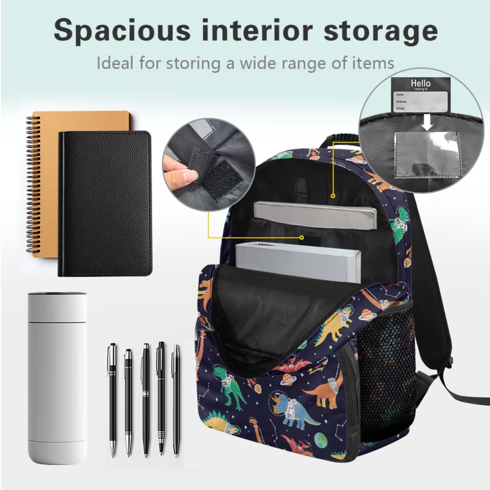 HUGS IDEA Zaino per ragazzi con portapranzo da 43,2 cm, impermeabile, borsa per libri scolastici, astuccio portachiavi 4 in 1, Dinosauro spaziale
