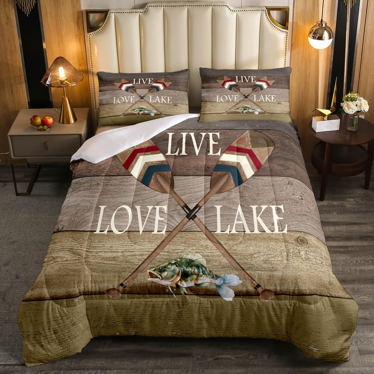 Erosebridal Lake Life Comforter Set Queen Lake Paddle Pike Fish Bedding Set,Boat Blade Oar Quilt Retro Lake Cabin Decor,Country Grey Wood Board Lake House Decor for The Home Rustic Farmhouse Decor