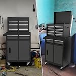 Goplus Poitrine à outils, 5 Armoire à outils à tiroirs avec boîte à outils amovible, roues à verrou universelles, barre de verrouillage, liner de protection & Sac à outils, panier de rangement en métal, boîte à outils pour garage