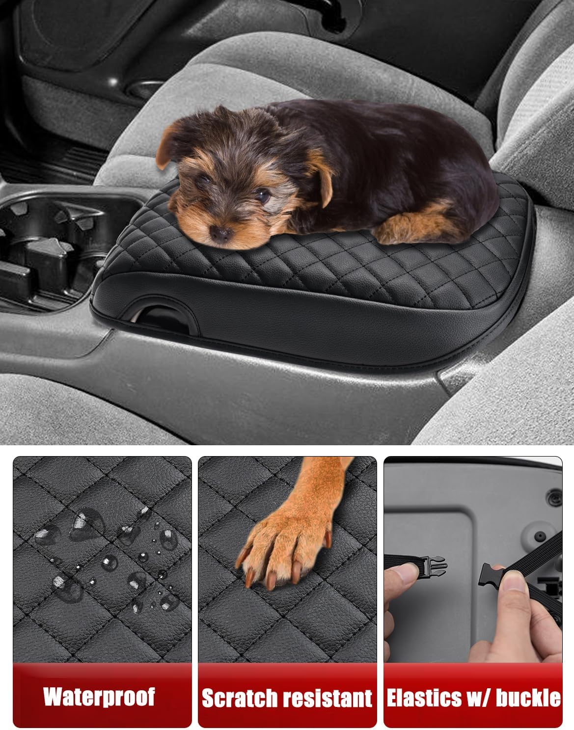 KBH Center Console Armrest Cover for 2003-2006 Chevrolet Chevy Silverado, Tahoe, Suburban, Avalanche & GMC Sierra, Yukon, Bucket Seat Only, Vinyl Leather, Arm Rest Cushion Protector, Black