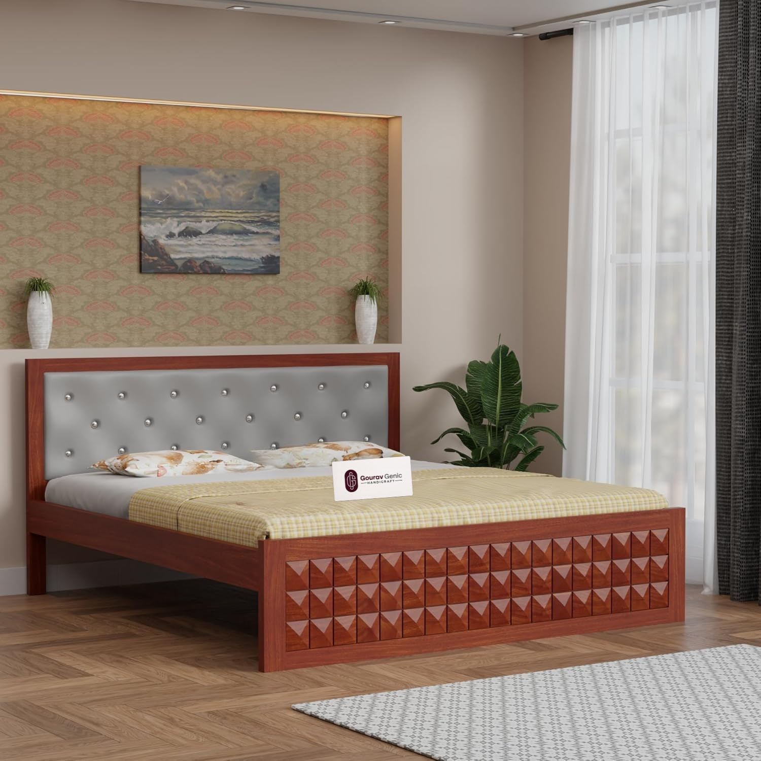 Sheesham Wood Queen Size Bed with Upholstered Headboard | Solid Wooden Bed Frame | Modern Bedroom Furniture | Honey Finish.-image-49