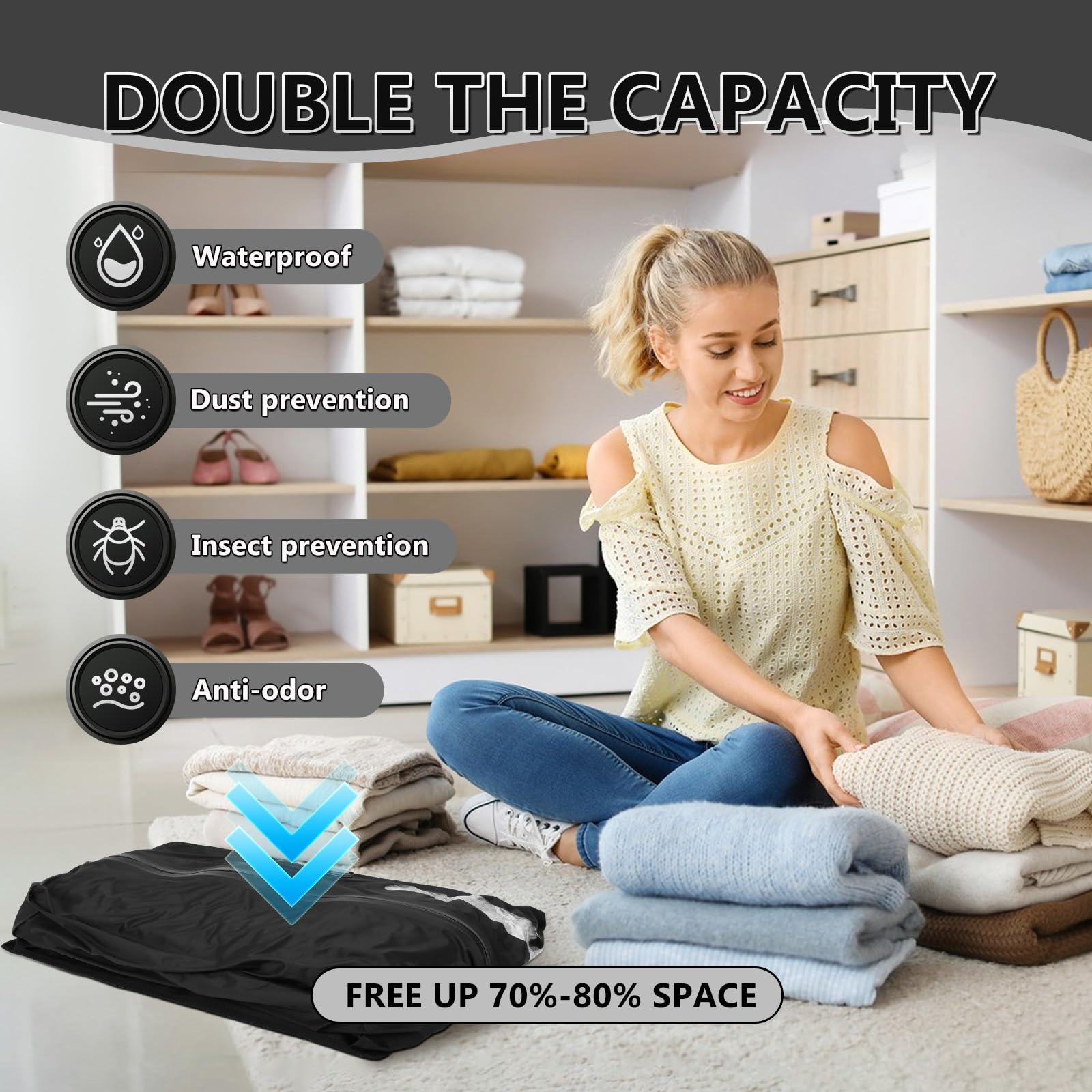 WingFly Bolsa al vacío para ropa de viaje con bomba inalámbrica, IP67 bolsa de compresión reutilizable para maleta y mochila, ahorra espacio, ligera y duradera (negro, 2 piezas + bomba)