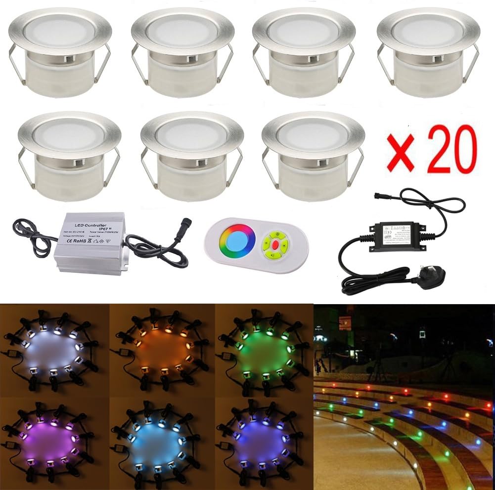 FVTLED® 20x LED Decking Lights, Waterproof IP67 1W Ø45mm Deck Lighting Kit Stainless Steel for Garden Path, Patio, Party, Stairs, Bedroom Yard Deck Decoration