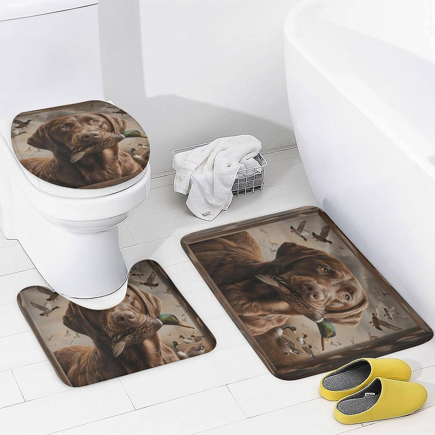 4pcs Chocolate Labrador Shower Curtain Set with Rugs, Toilet Lid Cover and Bath Mat, Mallard Duck Dog Nature Animal Bathroom Curtains Decor Shower Curtains, 72" X 72"