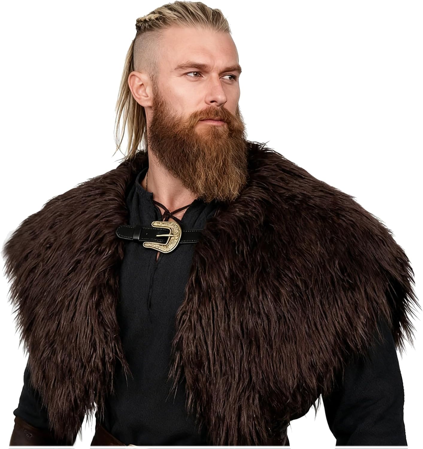 L'VOW Men Viking Fur Shawl Medieval Faux Fur Mantle Shoulder Wrap Collar Warrior Renaissance LARP Cosplay Costume - Image 3