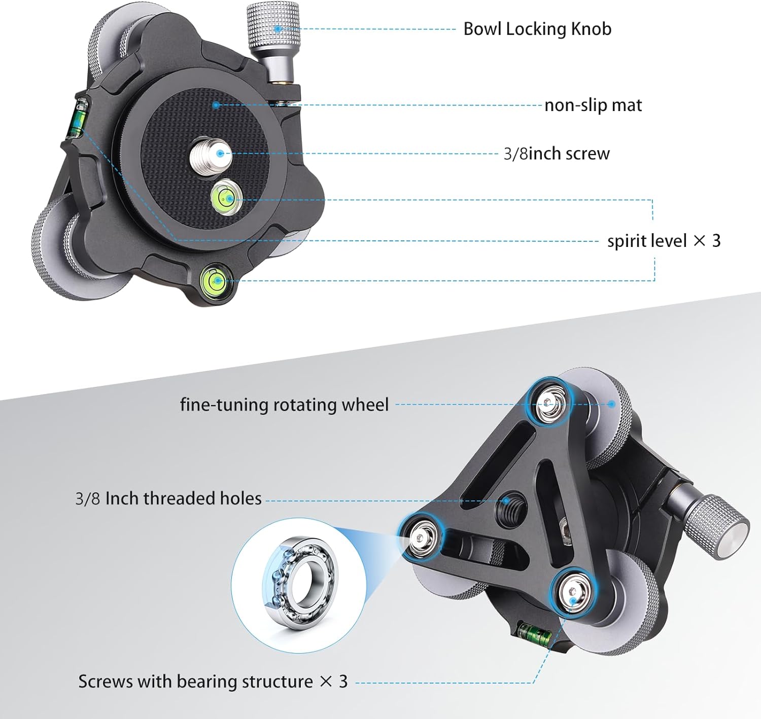 Diameter∅85mm Three-Legged Leveling Base Camera Leveling Machine,Aluminum Adjustable Tripod Head Plate -15°/+15° Tilt, with 3 Bubble Levels and 3 Wheels +/-5 Degree Precision Adjustment Panoramic