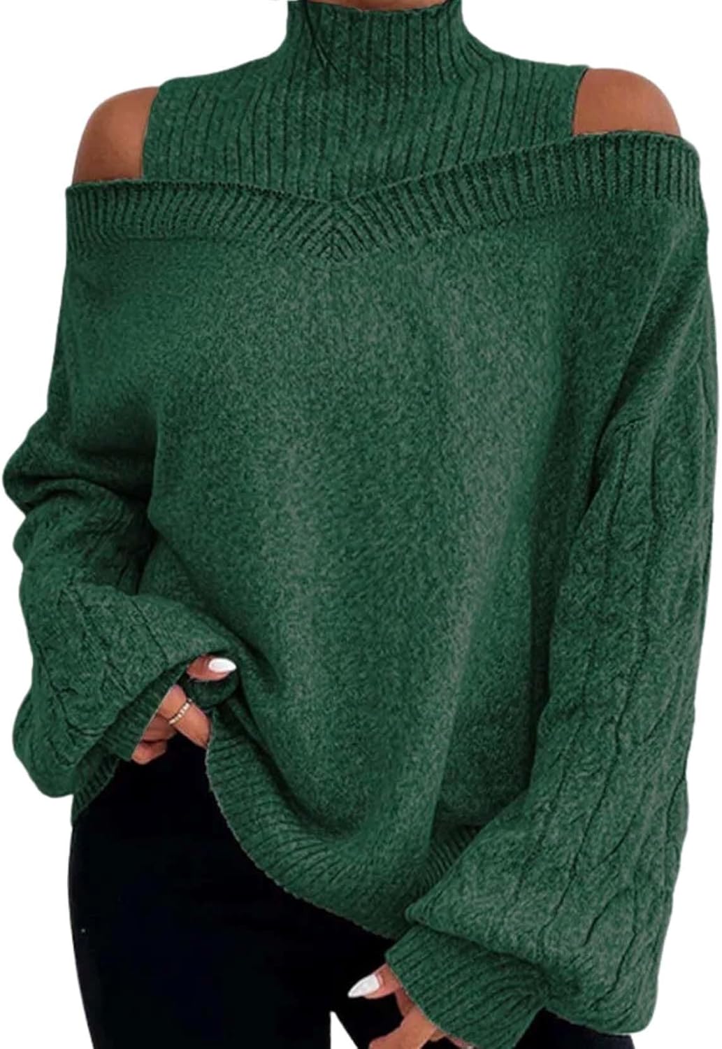 Cold Shoulder Sweaters for Women Turtleneck Long Sleeve Chunky Knit Pullover Sexy High Neck Oversized Knitwear Tops