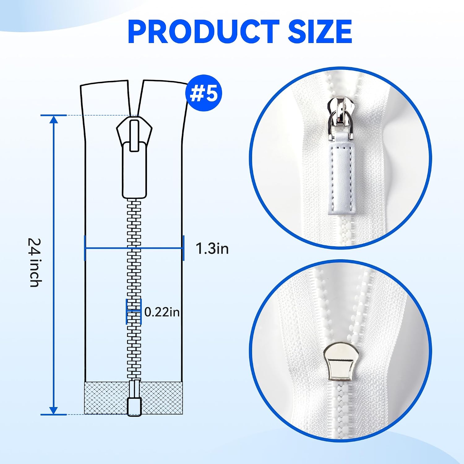 Deoward 2PCS #5 24 Inch PU Leather Handle Separating Jacket Zippers for Sewing Coats, Molded Plastic Bulk Zippers (White)