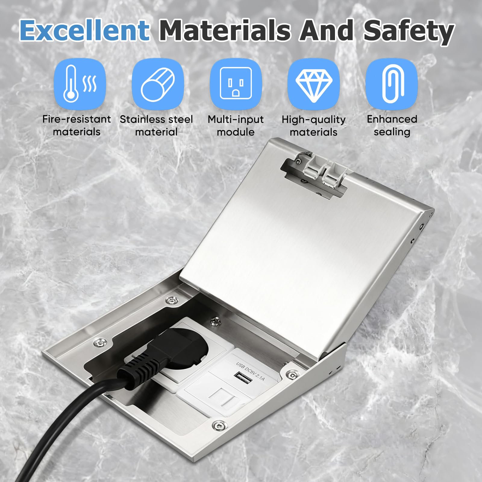 Presa da pavimento in acciaio inox con USB e rete, serbatoio a scomparsa – Presa impermeabile da incasso per cucina, soggiorno, presa combinata, spina europea, 230 V 16 A