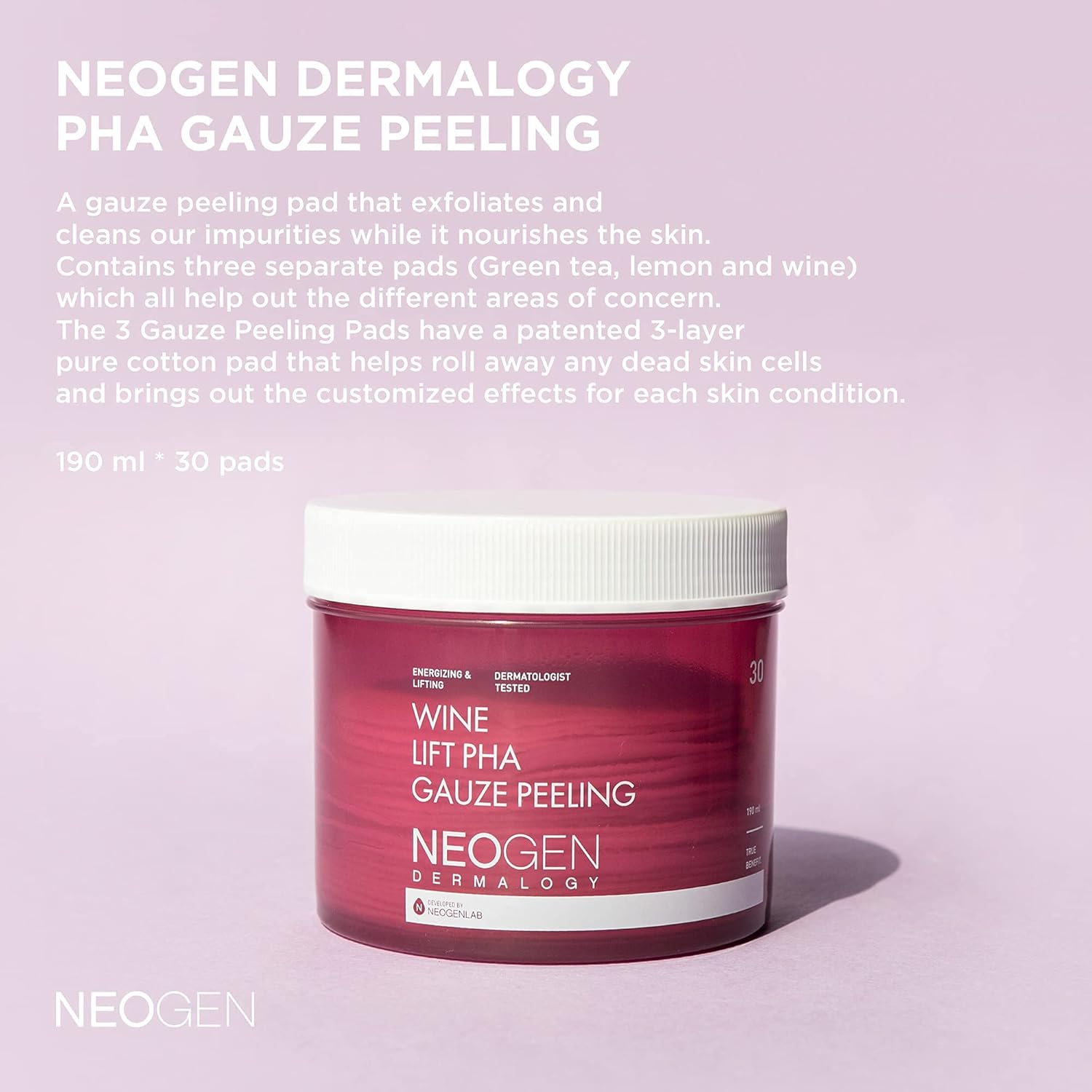 DERMALOGY by NEOGENLAB Wine Lift PHA Gauze Peeling Pads (30 pads) - Exfoliating & Revitalizing & Firming Peeling Pad with AHA, BHA, PHA, LHA & Wine & Peptide & Collagen - Korean Skin Care - Image 3