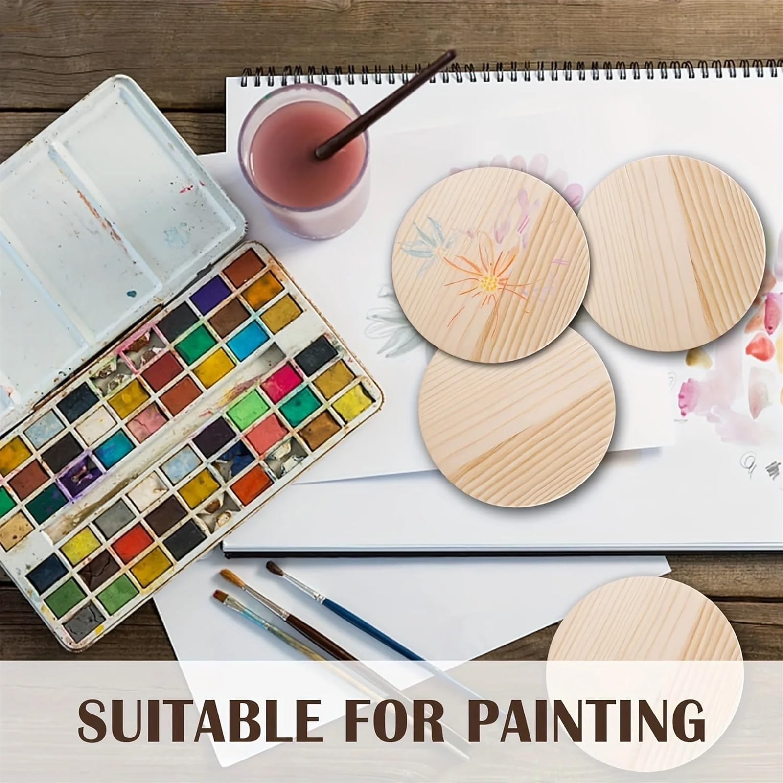 Dessous de Verre Lot de 26 sous-verres circulaires en bois vierges de 4 pouces utilisés for l'artisanat avec des points en silicone antidérapants for la peinture à faire soi-même, la gravure sur bois,