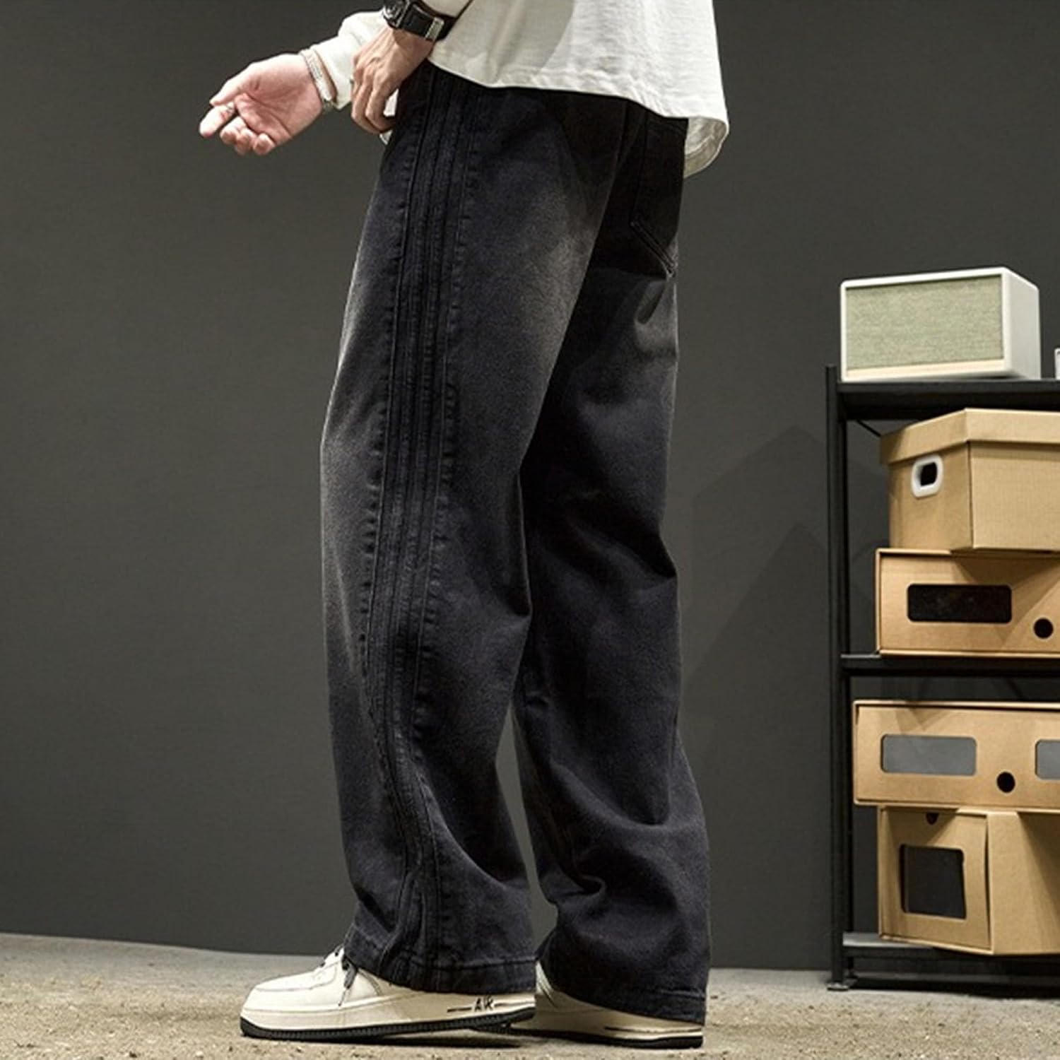 Men High Street Side Stripes Denim Pants Retro Drawstring Regular Fit Wash Jeans Spring Classic Cool Skater Trouser