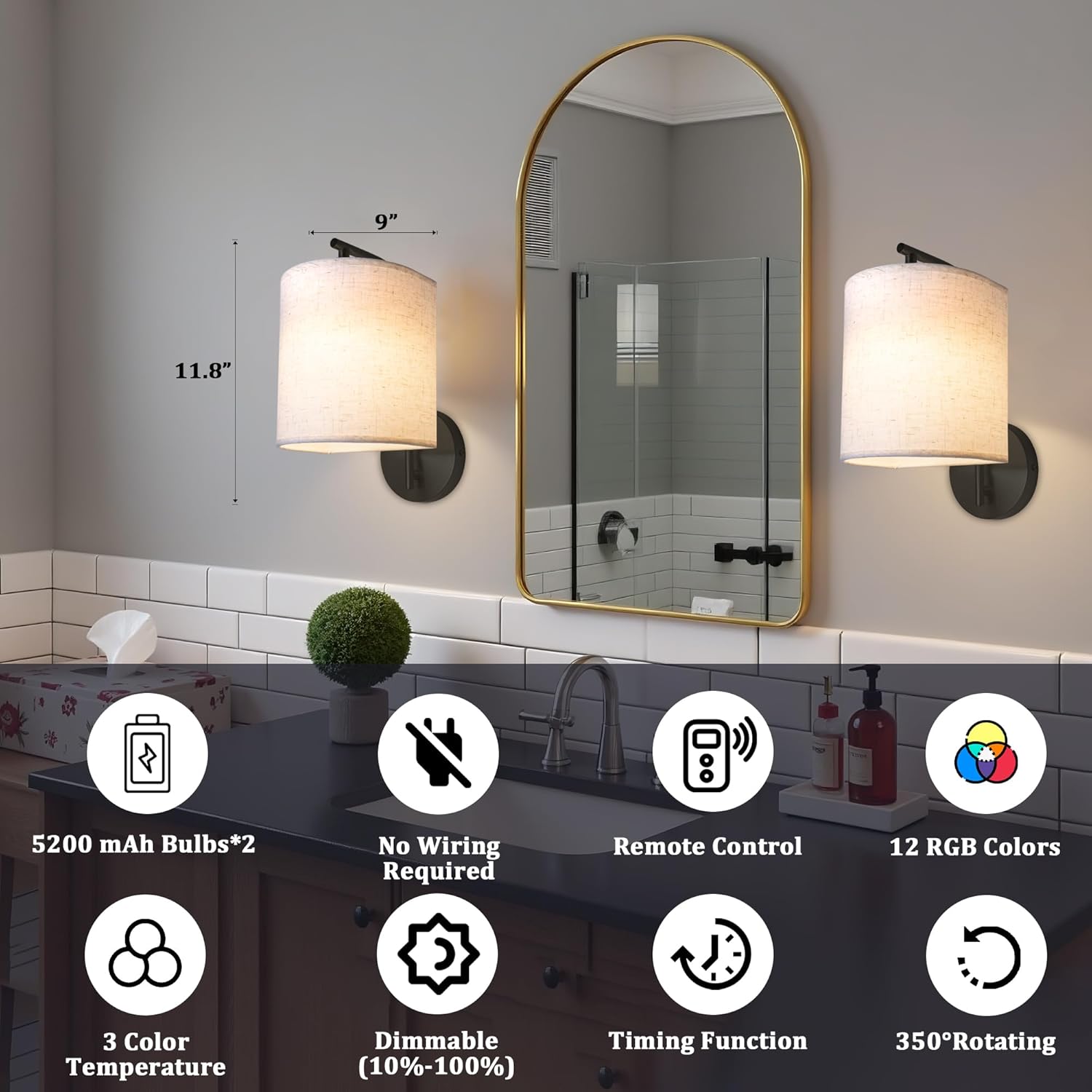 Rechargeable Battery Operated Wall Sconces Set of 2, Wireless Wall Lights with Remote Control 12 RGB Colors Magnetic Bulbs 5200mAh Battery Wireless Sconces for Bedroom Living Room (Black)