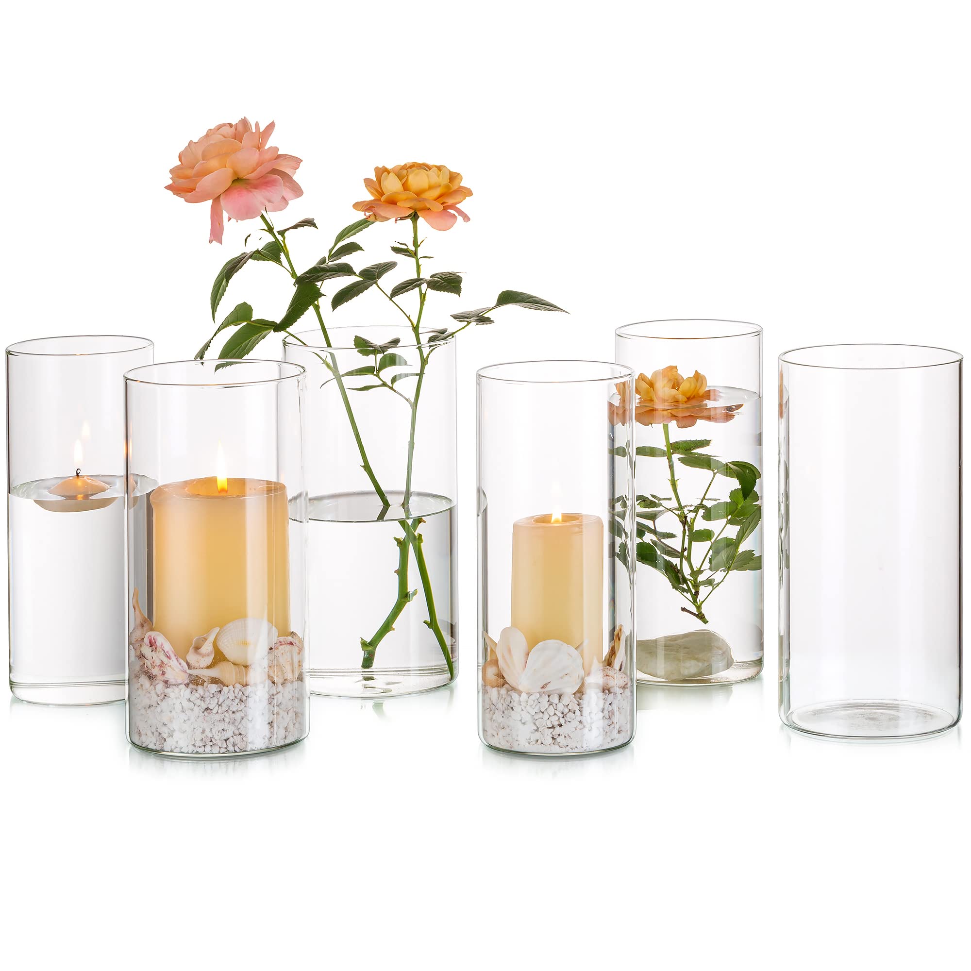 Glasseam Glass Cylinder Vase Set of 6, Modern Floating Candle Vases for Centerpieces, Decorative Hurricane Vases for Flowers, Clear Pillar Candle Holders for Wedding Table Decorations Home Decor